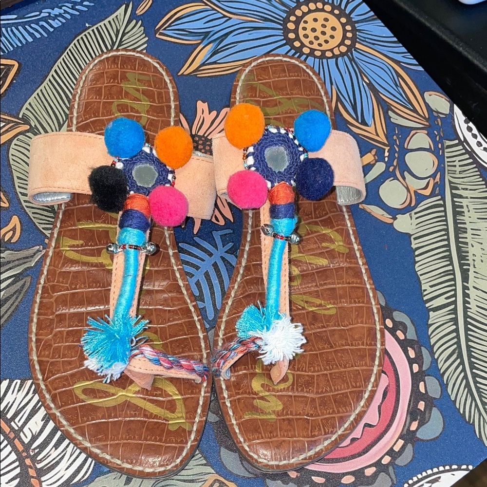 Sam Edelman Brown Sandals with Multicolor Pom Poms